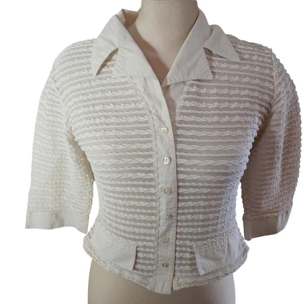 RAYURE PARIS White Textured Button Up‎ Cropped Collar Shirt Top Size 44